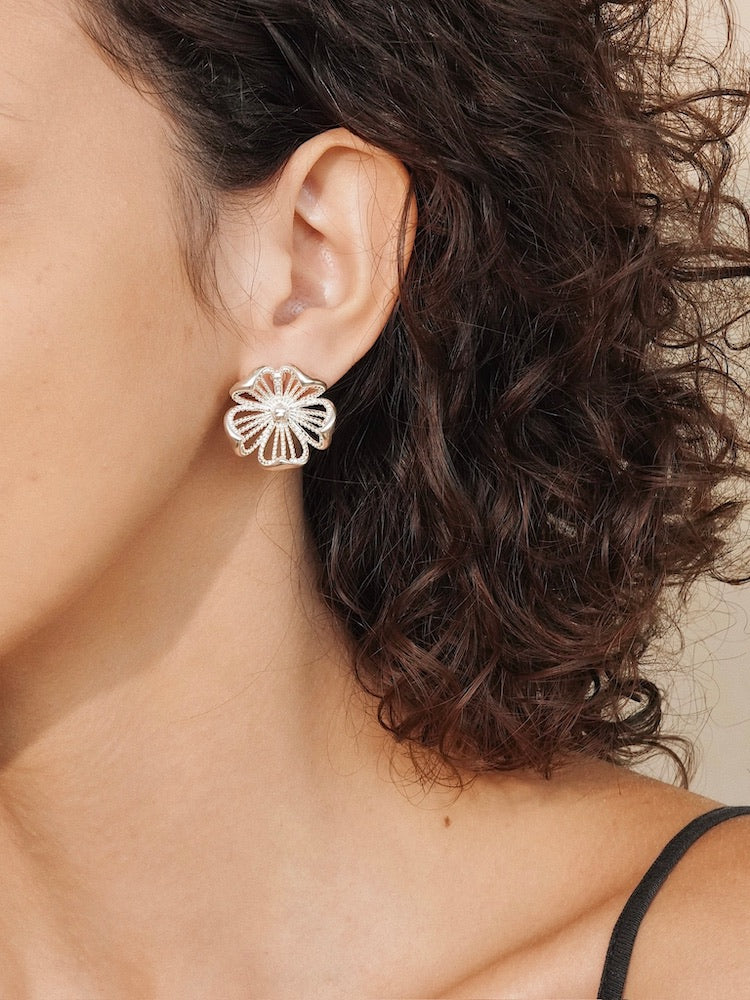 “Silver Bloom” Hollowed Floral Earrings