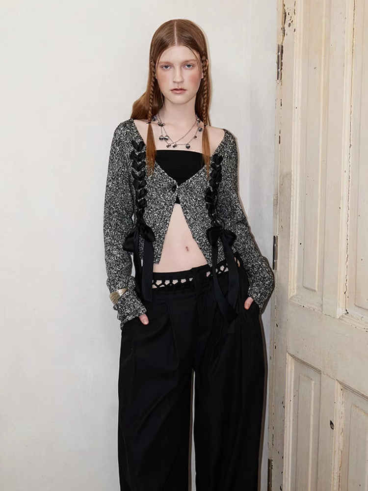 레이스업 니트 시크 브이넥 리본 가디건 