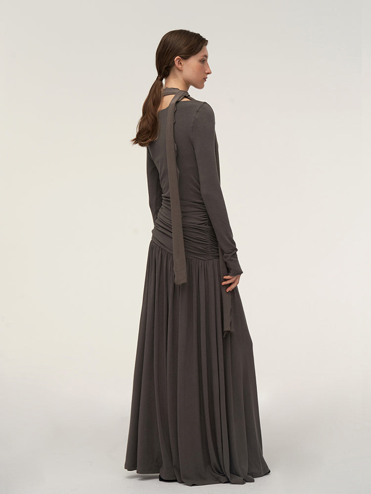 Soft Draped Cowl Neck Ruched Halter Maxi Dress