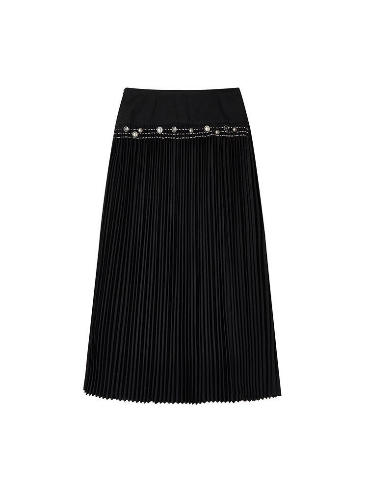 Pleats Chic Button Metal Nichi Long-Skirt