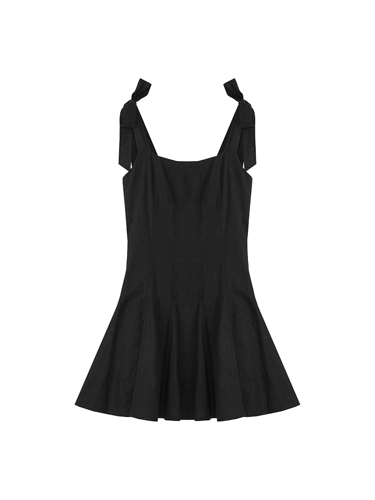 Black Bow Tie Waist Sleeveless Dress