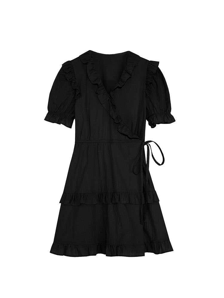 Summer New French V-Neck Ruffle Little Black Dress