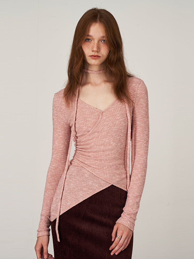 Peach Pink Textured Knit Top with Pleated Ribbons