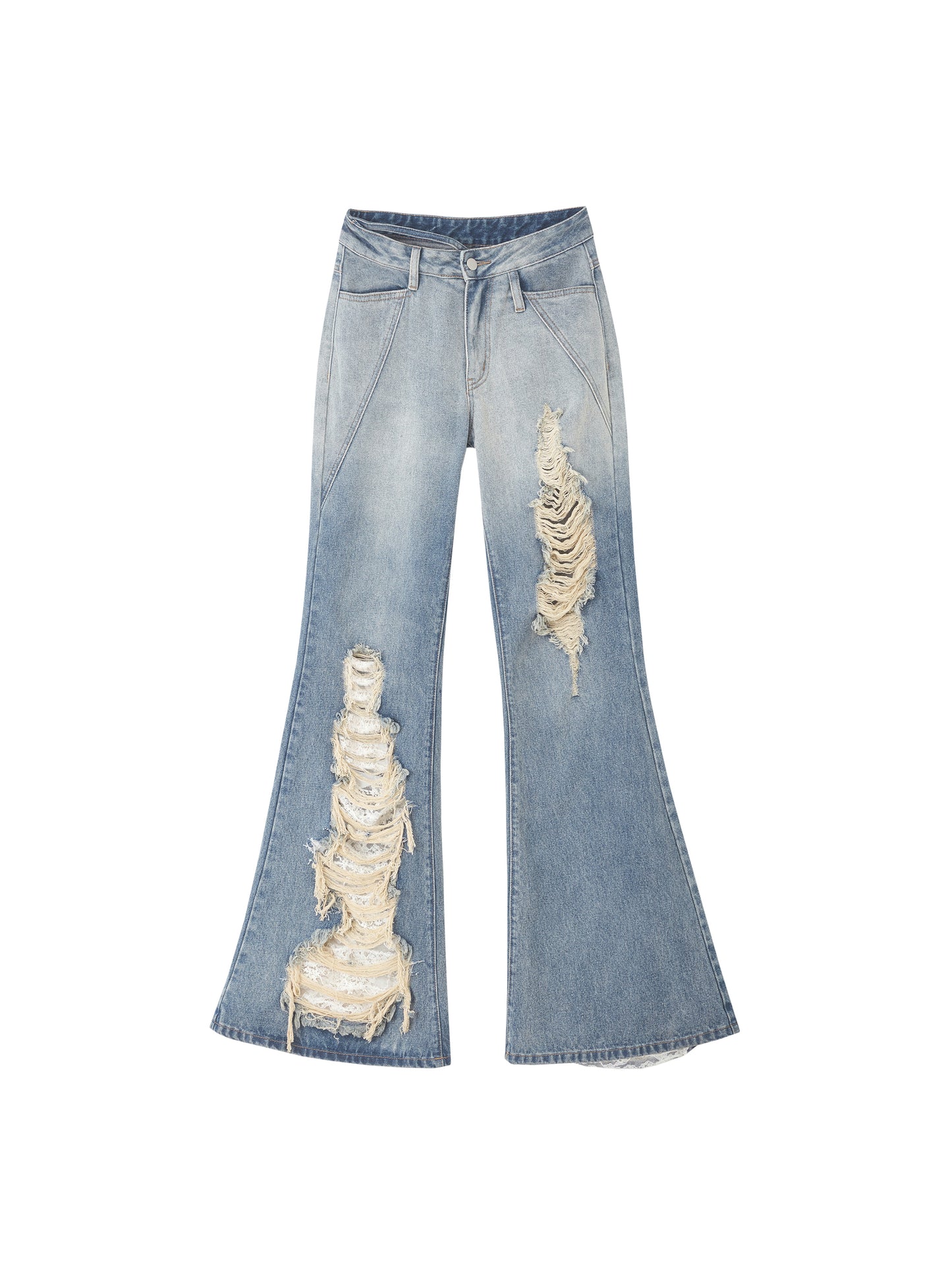 Blue Gradient Ripped Flare Jeans with Lace Trim