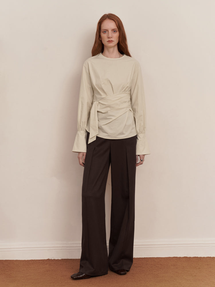 Heavy-Drape Elastic Waist Pleated Curved Trousers