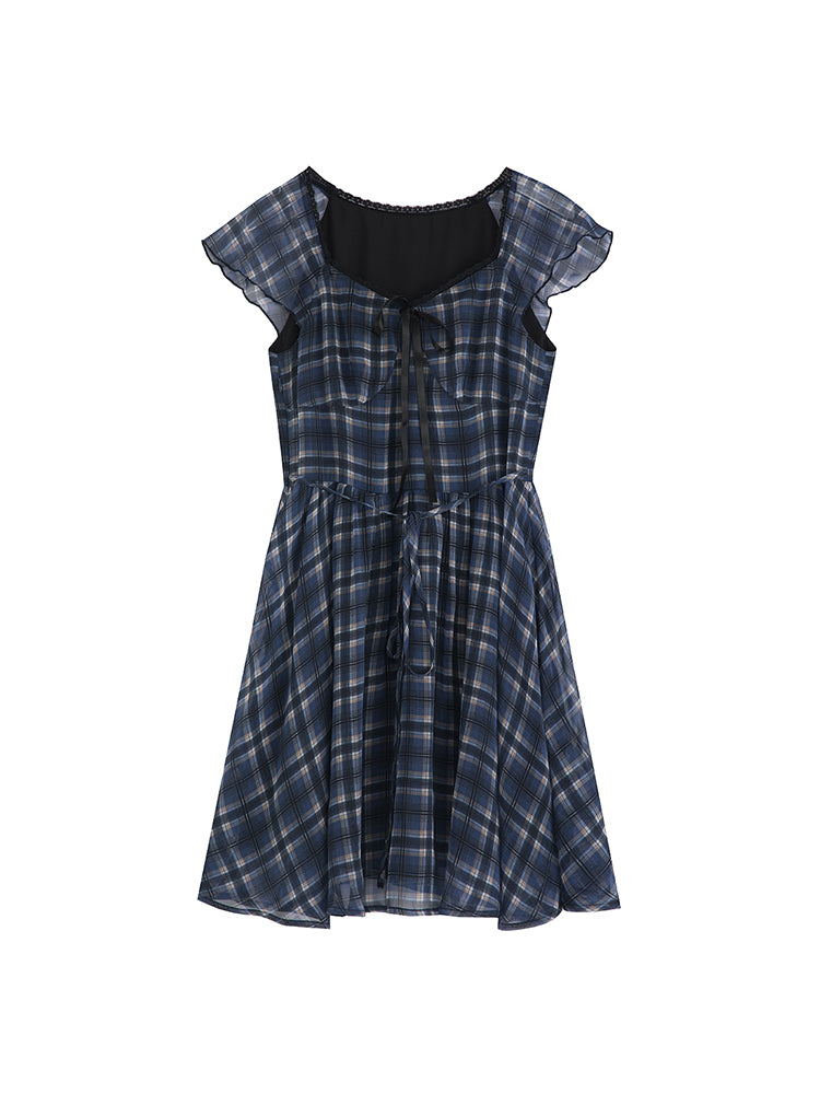 Vintage V-neck Plaid Mesh Dress