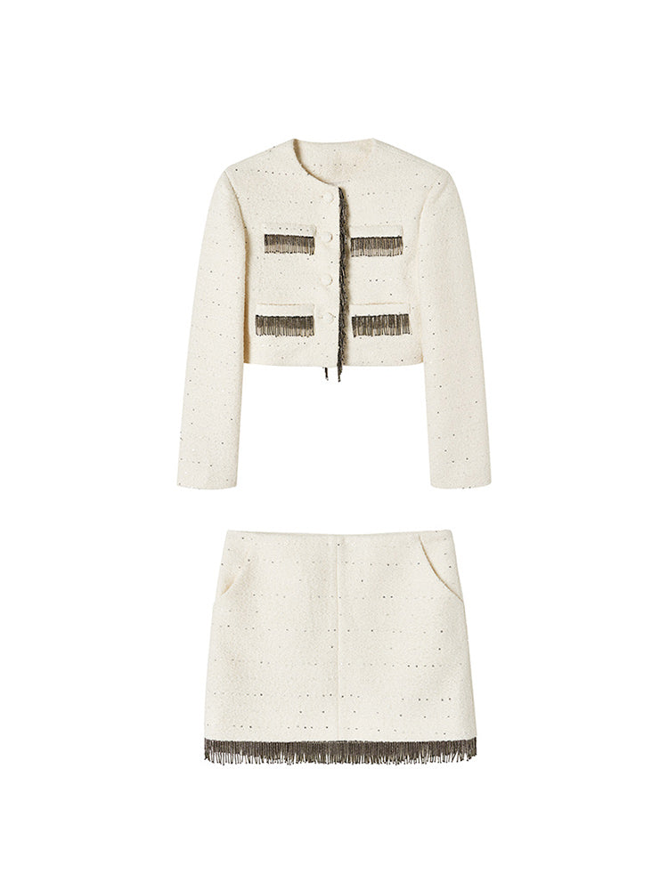 Suit Tassel Wool No-Collar Chic Classy Jacket＆Mini-Skirt