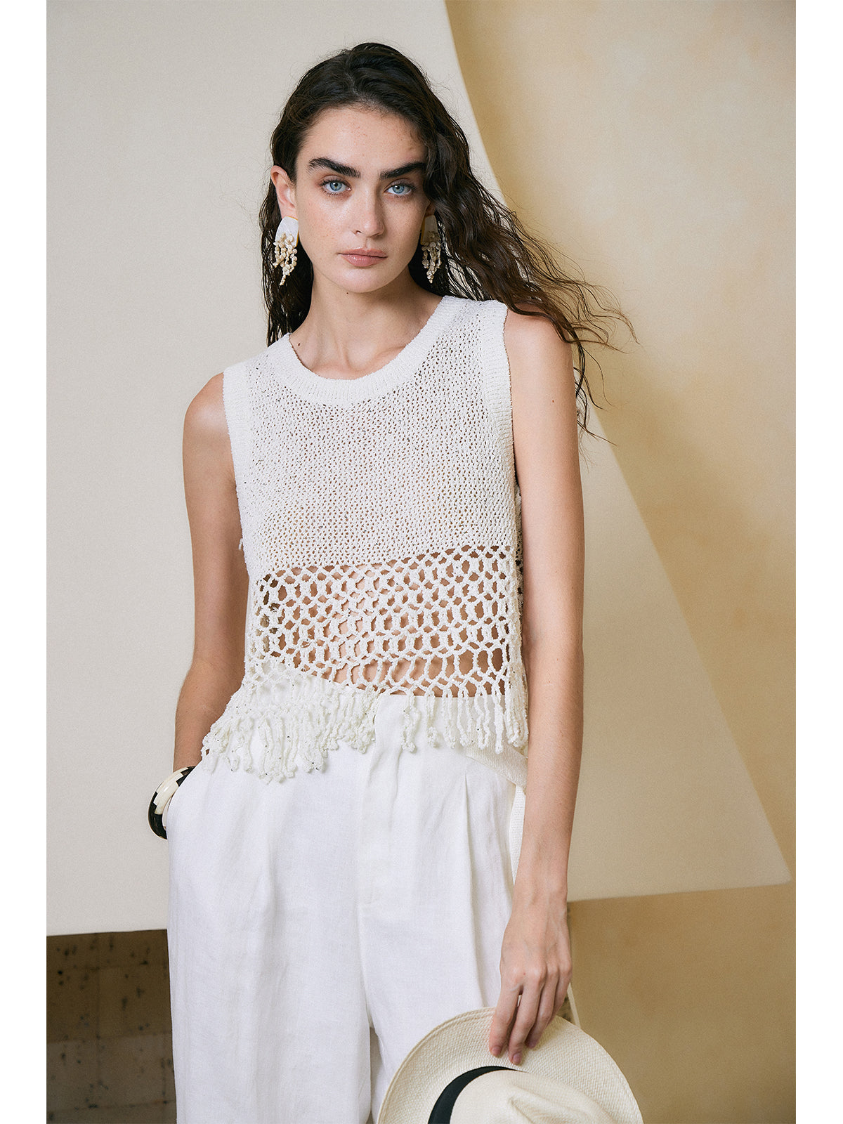 Breathable Linen Cotton Sequin Fringe Top