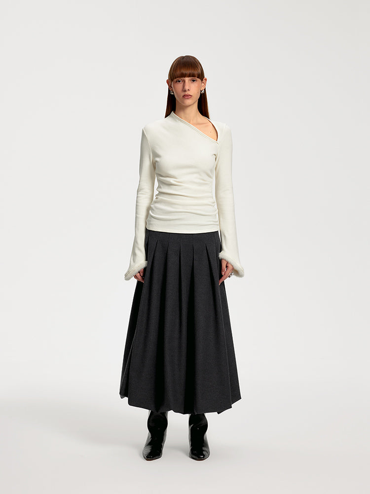 Asymmetrical Pleated Knit Top with One-Shoulder Design