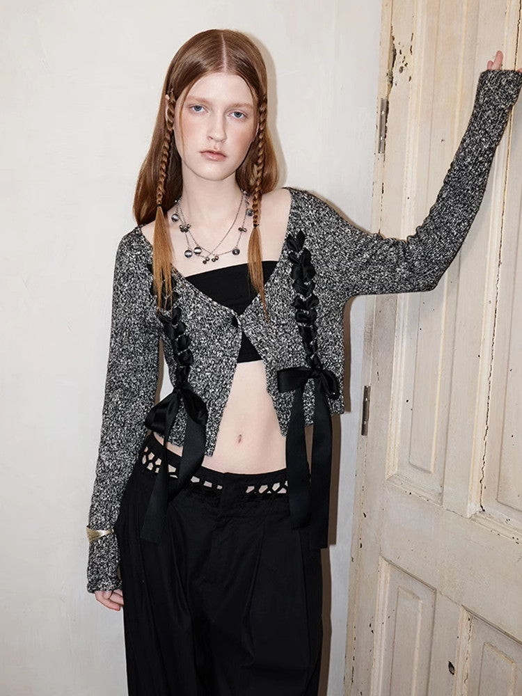 레이스업 니트 시크 브이넥 리본 가디건 