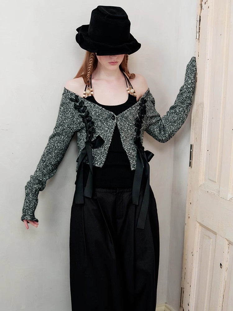 레이스업 니트 시크 브이넥 리본 가디건 