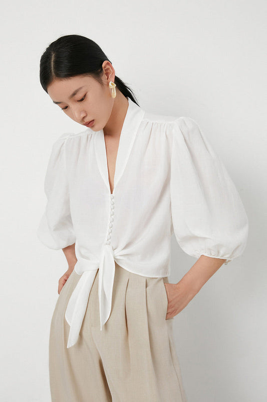 Tencel Blend Button Blouse in White