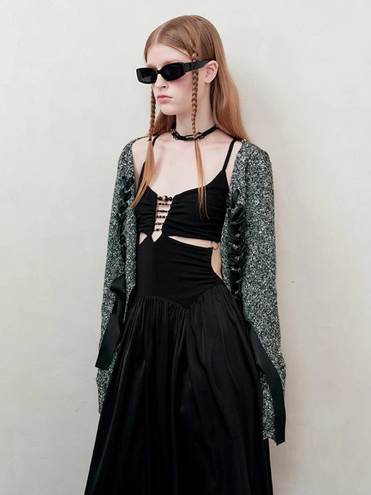 레이스업 니트 시크 브이넥 리본 가디건 