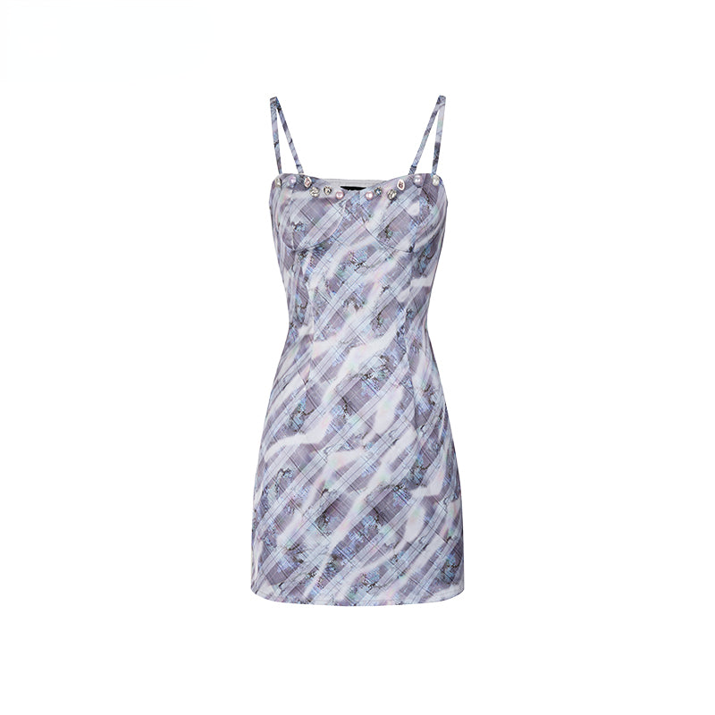 Purple Gray Blue Plaid Camisole Dress