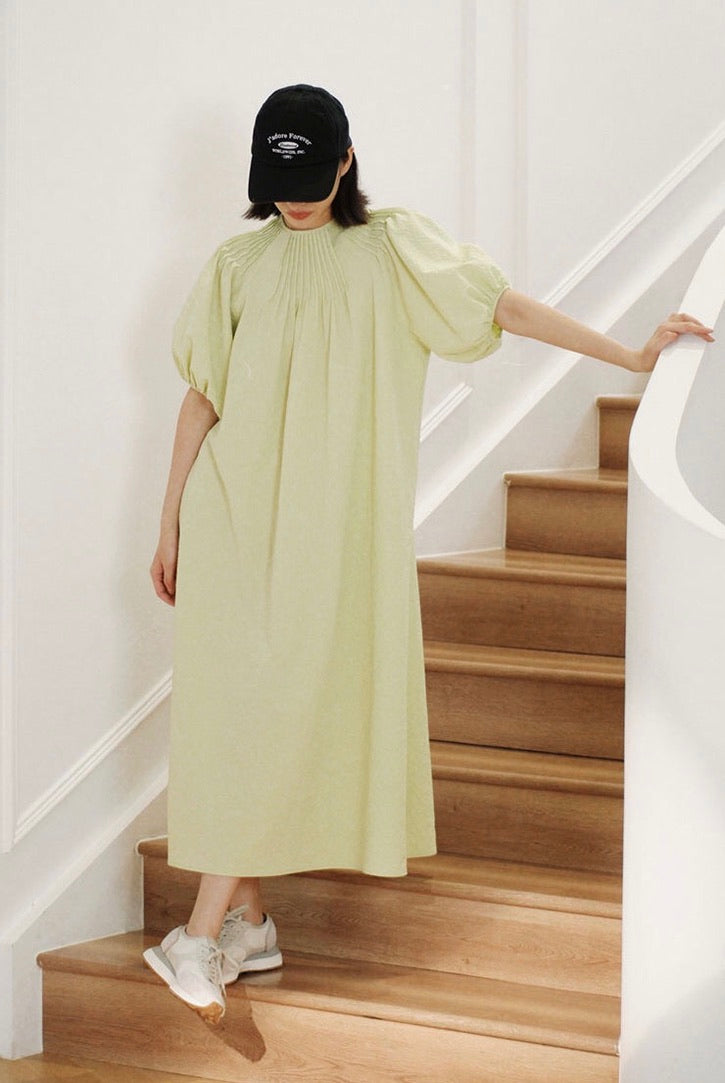 2-Way Seersucker Puff Sleeve Maxi Dress in Lime