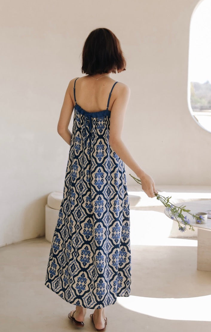 Satin Printed Cami Maxi Dress in Blue