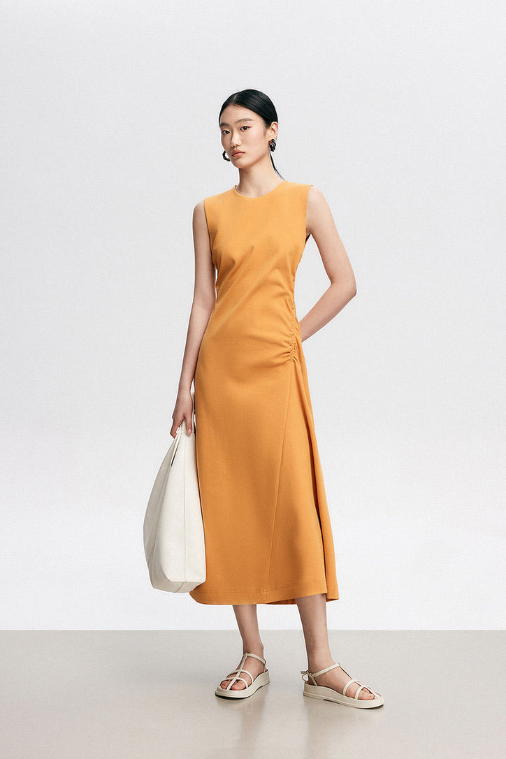 Sleeveless Side Shirring Midi Dress in Mustard