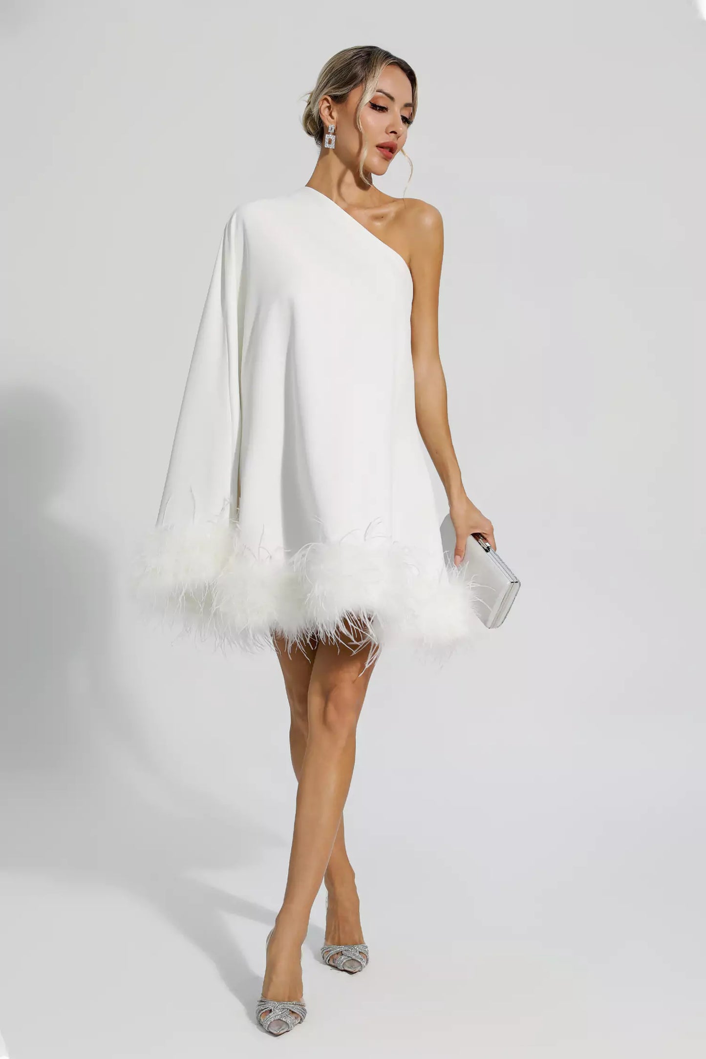 Ailani White Feather Trim One Shoulder Mini Dress