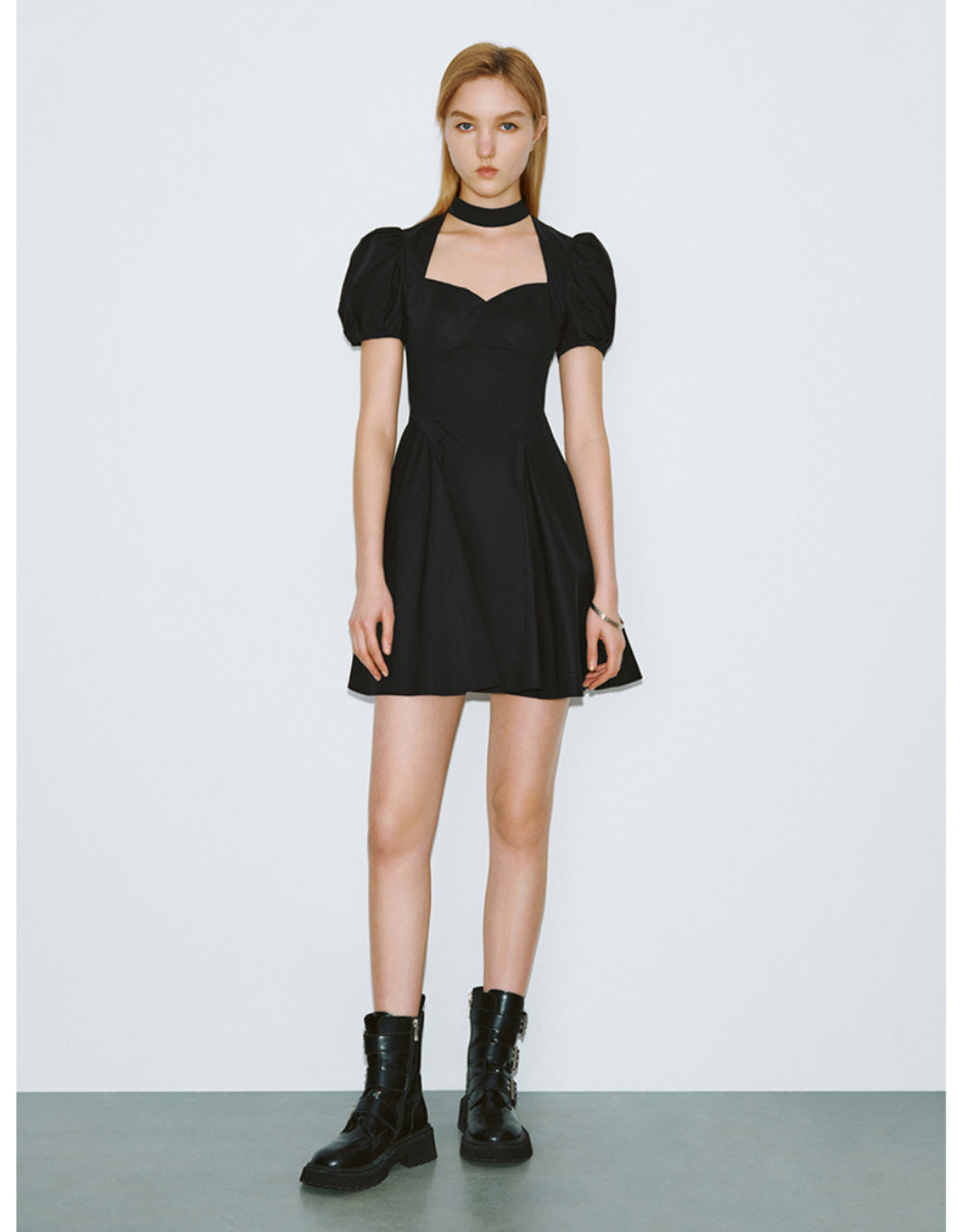 Puff Sleeve Keyhole Neck A-Line Dress