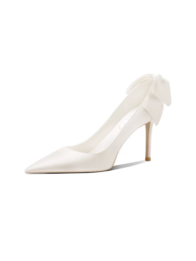 Heartfelt Bow White Satin High Heels