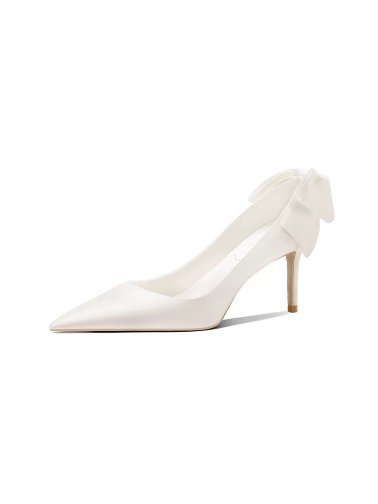 Heartfelt Bow White Satin High Heels