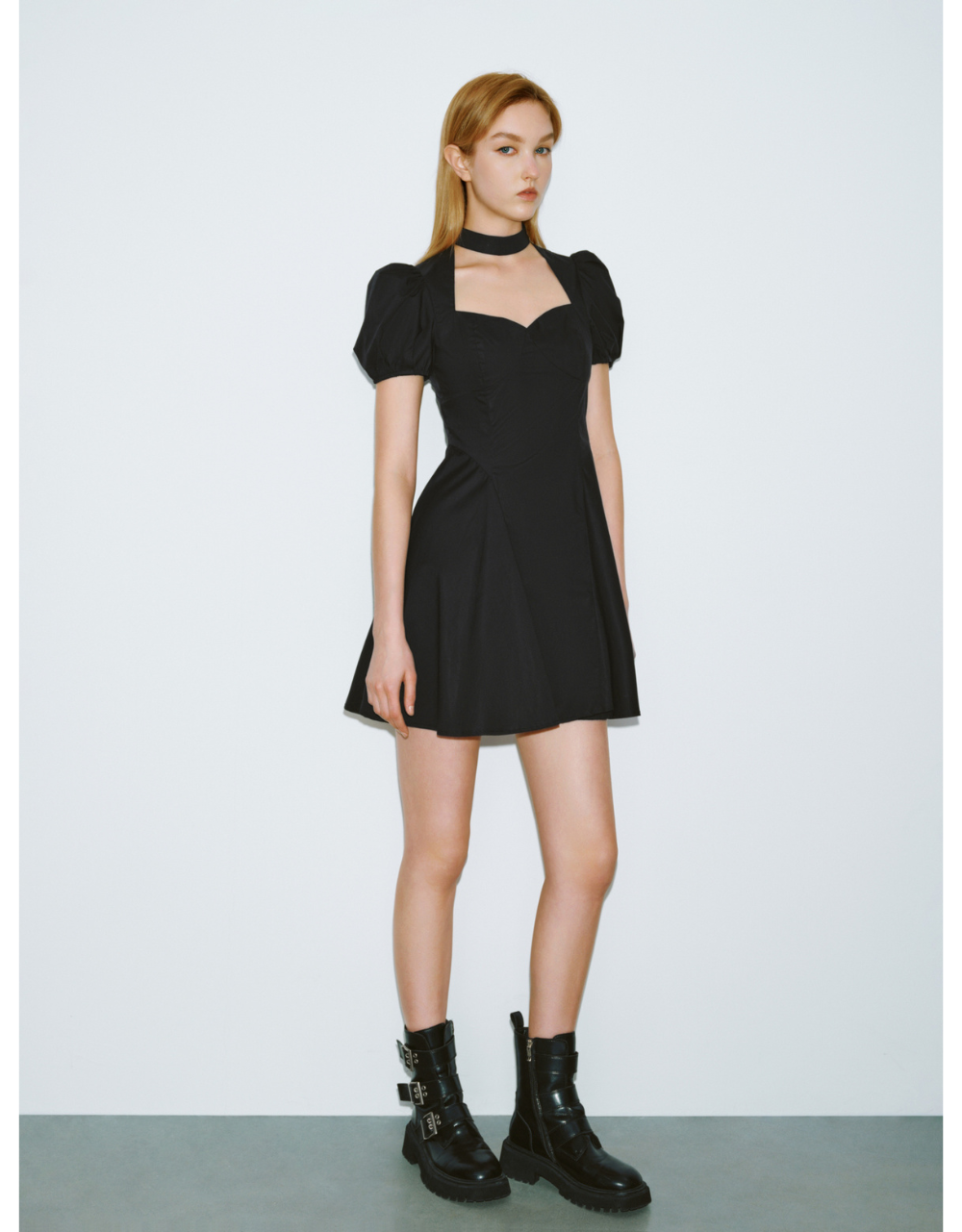 Puff Sleeve Keyhole Neck A-Line Dress