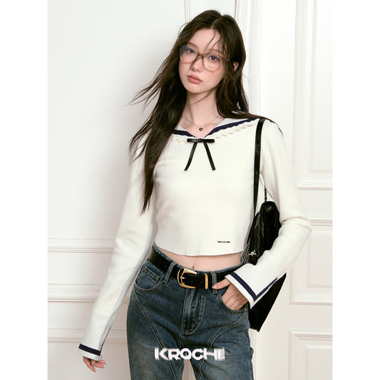 Kroche Color Blocked Bow-Knot Sailor Collar Knit Top White