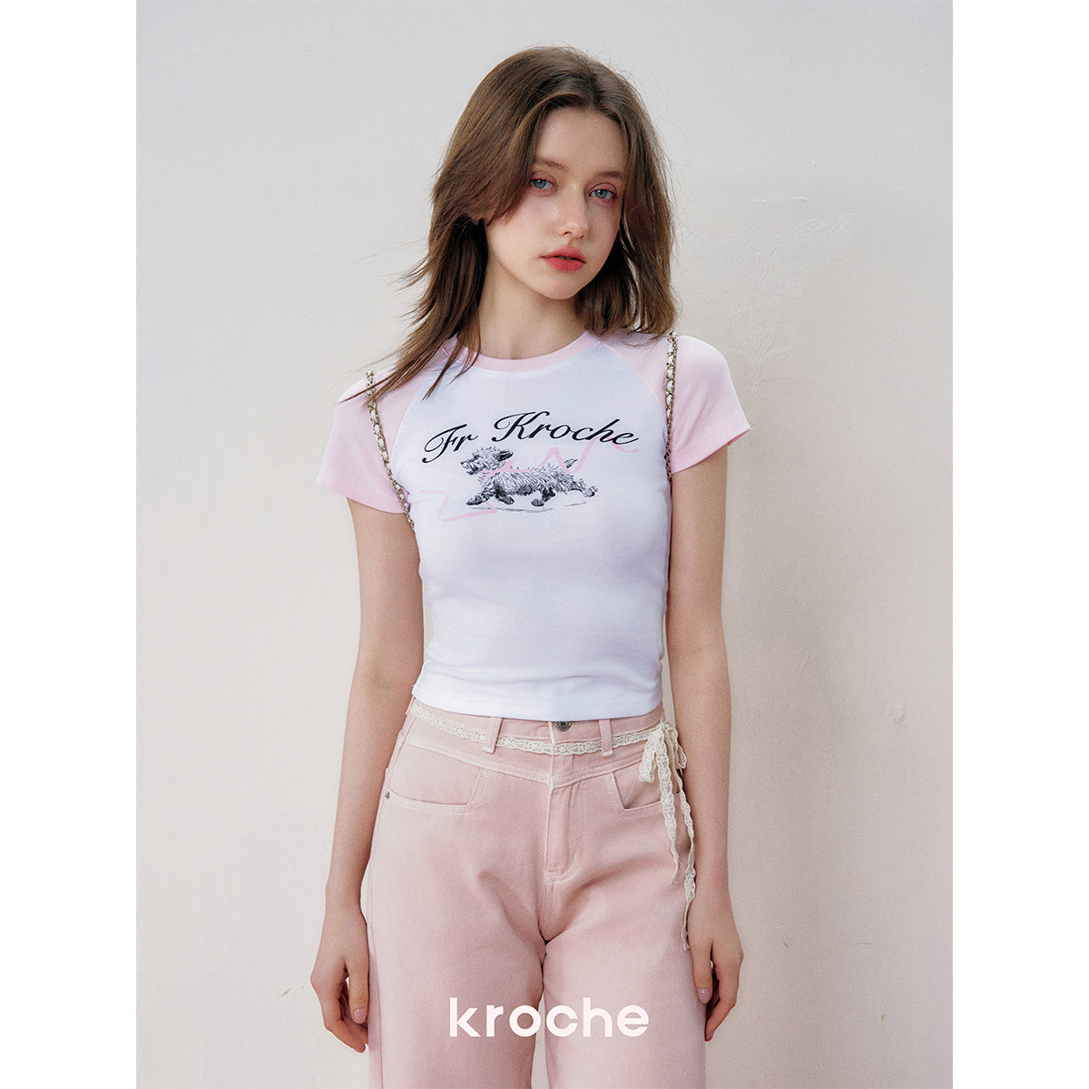 Kroche Hand Painted Puppy Raglan T-Shirt Pink