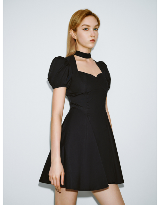 Puff Sleeve Keyhole Neck A-Line Dress