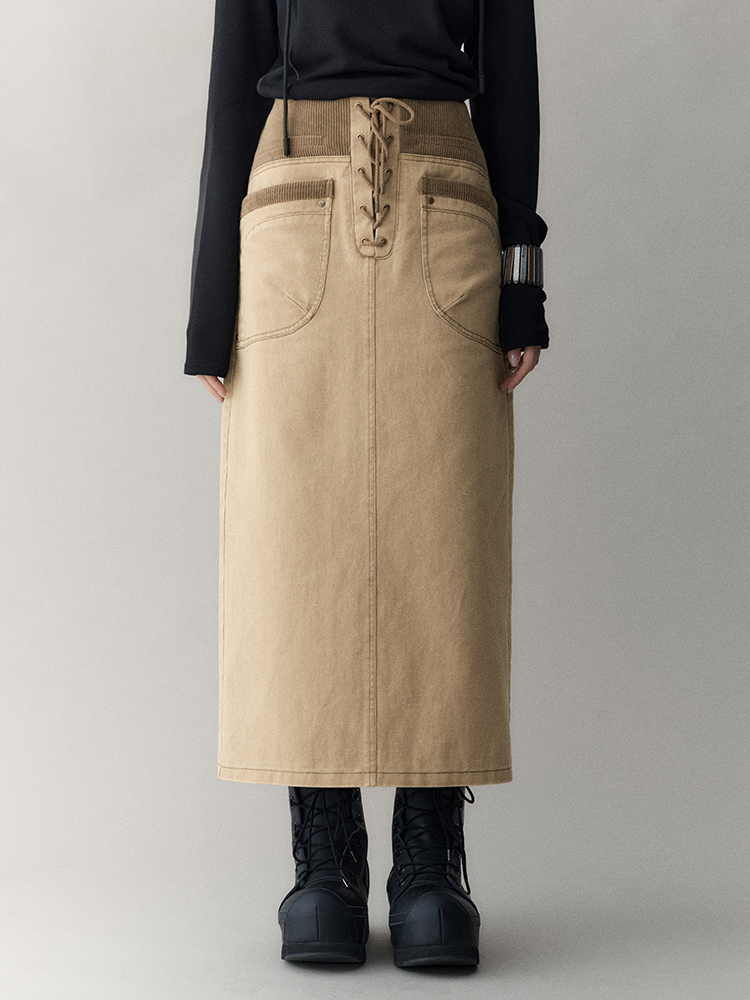 레이스업 빈티지 펜슬 레트로 타이트 롱스커트