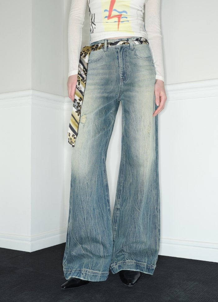 Low-waisted Loose Straight Ripped Blue Jeans RUN0035