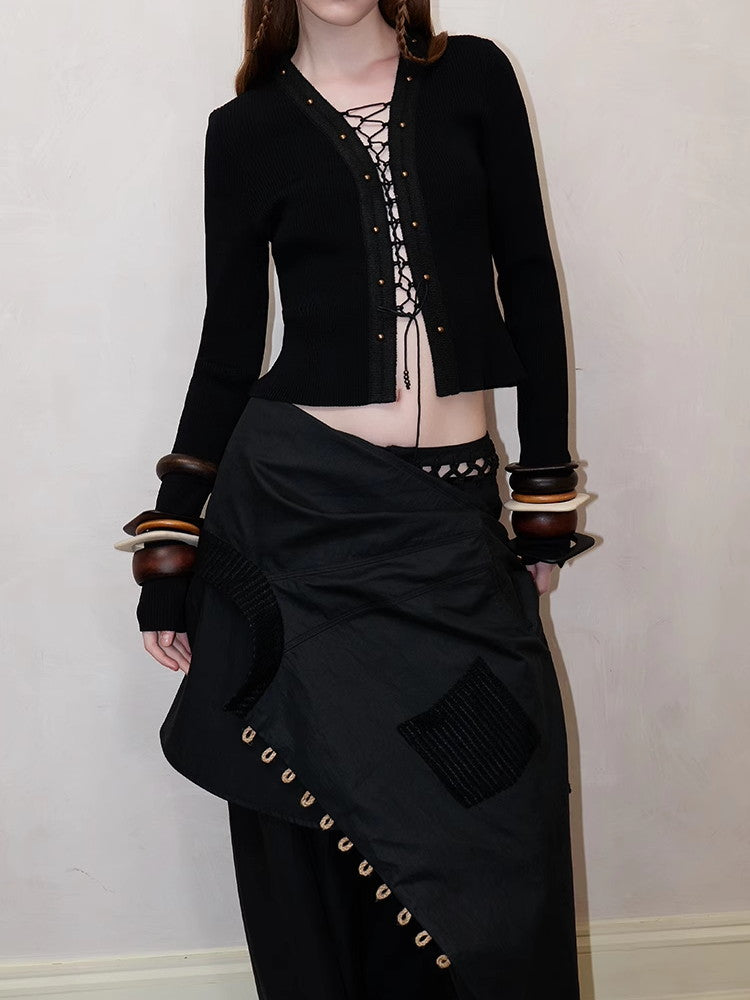 레이스업 섹시 니치 씬 니트 