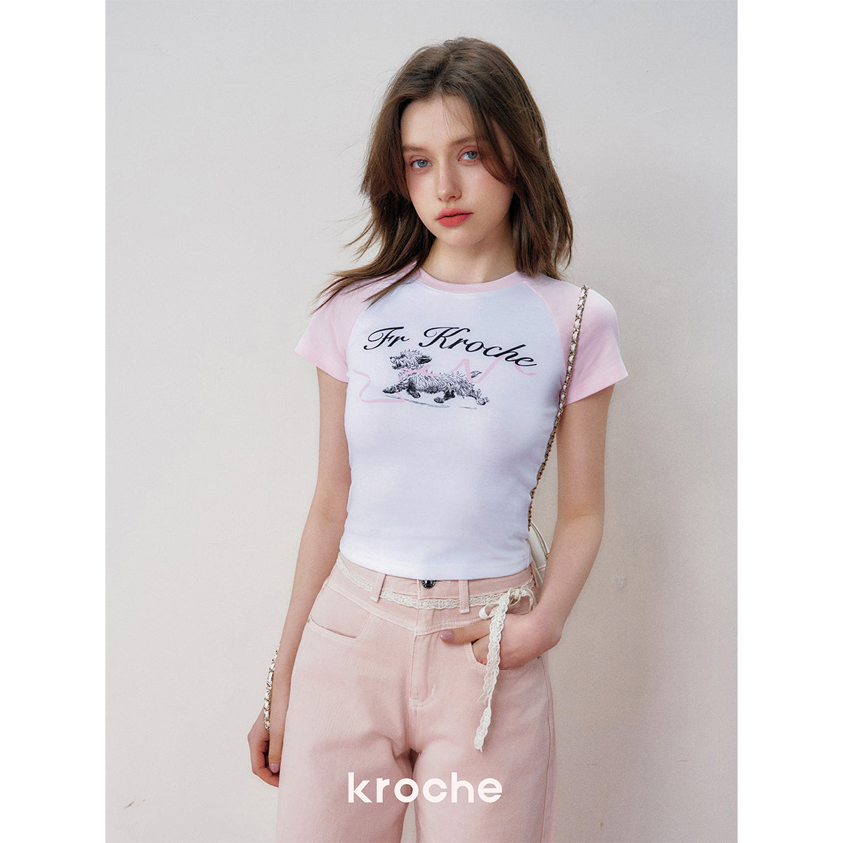 Kroche Hand Painted Puppy Raglan T-Shirt Pink