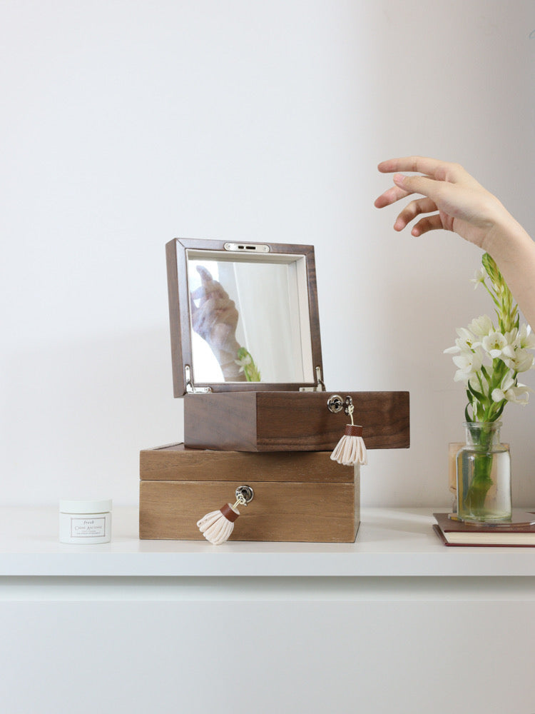 Color Block Leather Makeup Mirror & Jewelry Box with Earring Organizer