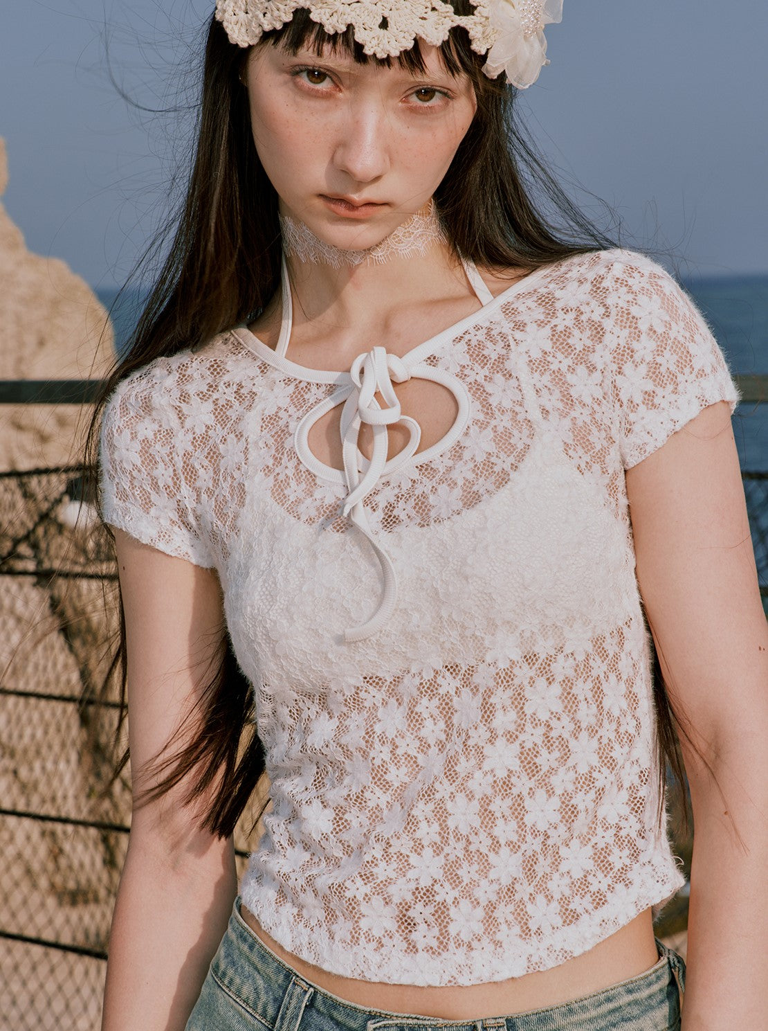 White Lace Short-sleeved T-shirt RUN0052