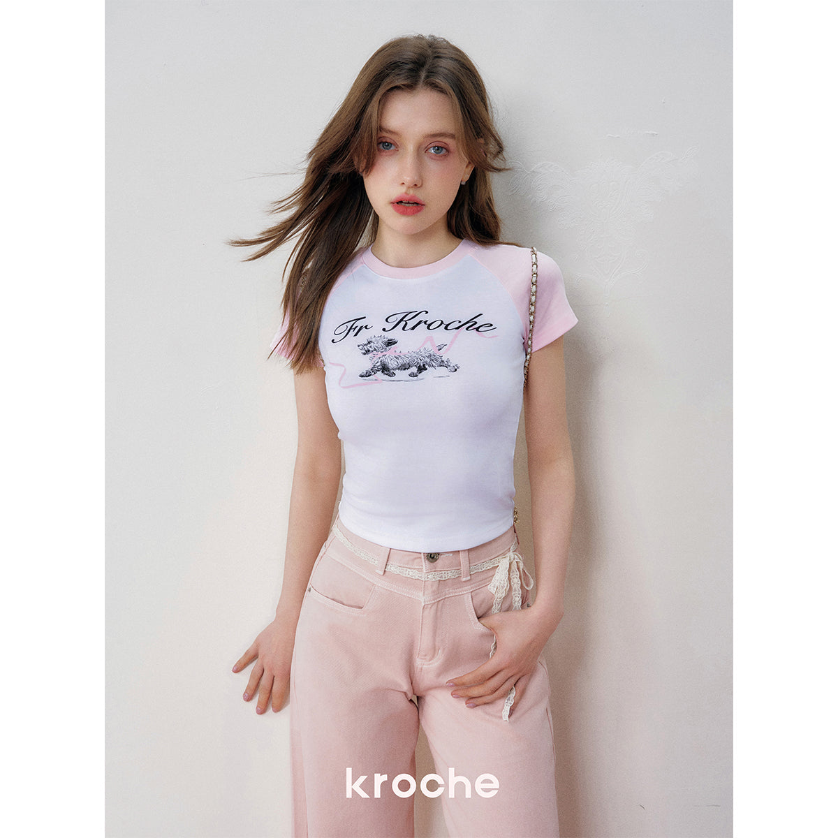 Kroche Hand Painted Puppy Raglan T-Shirt Pink