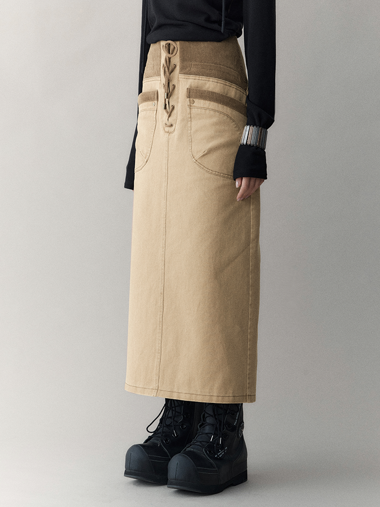 레이스업 빈티지 펜슬 레트로 타이트 롱스커트