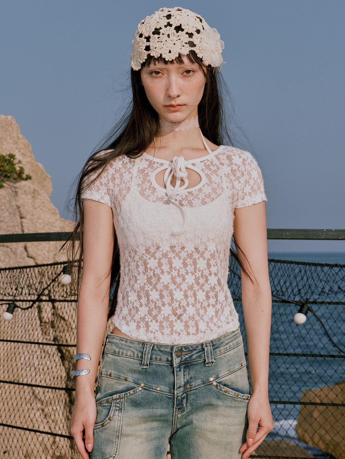 White Lace Short-sleeved T-shirt RUN0052