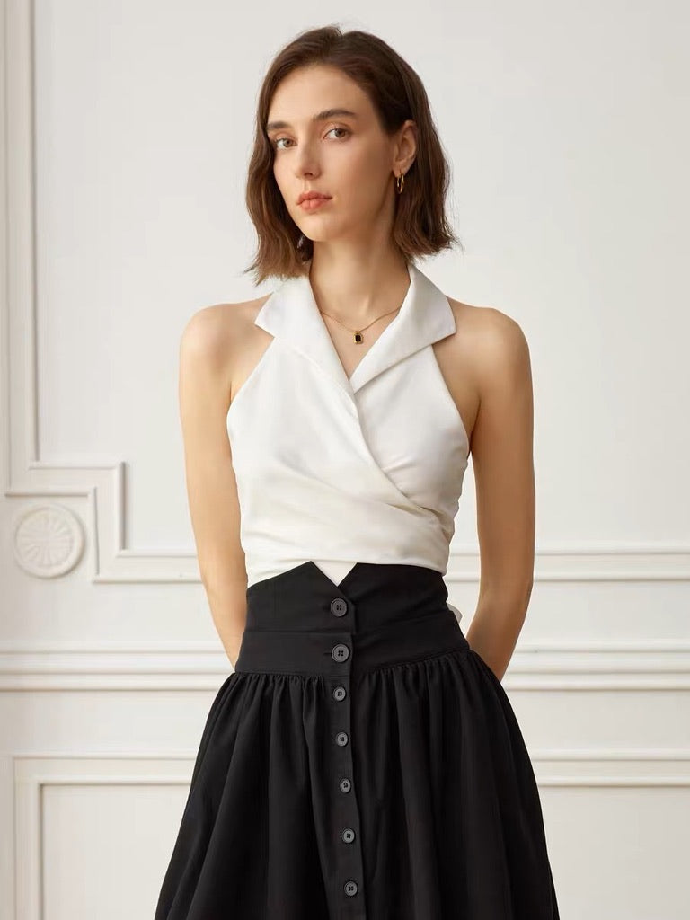 Satin Collared Wrap Tie Top in White