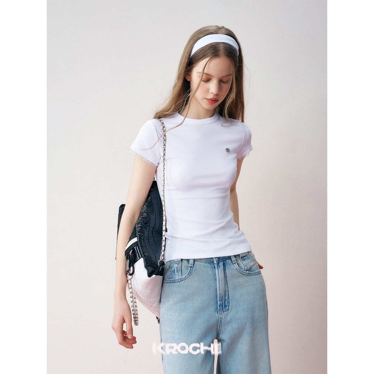 Kroche Lace Sleeve Clean Fit Logo Slim Fit Top White