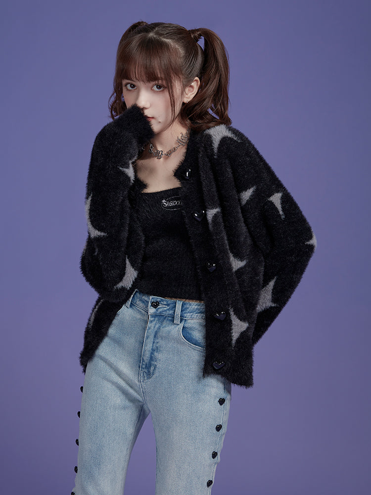 Star Fluffy Knit Camisole＆Cardigan Set-up