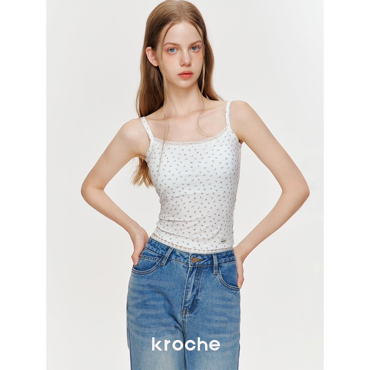 Kroche Lace Edge Floral Chest Pads Vest Blue