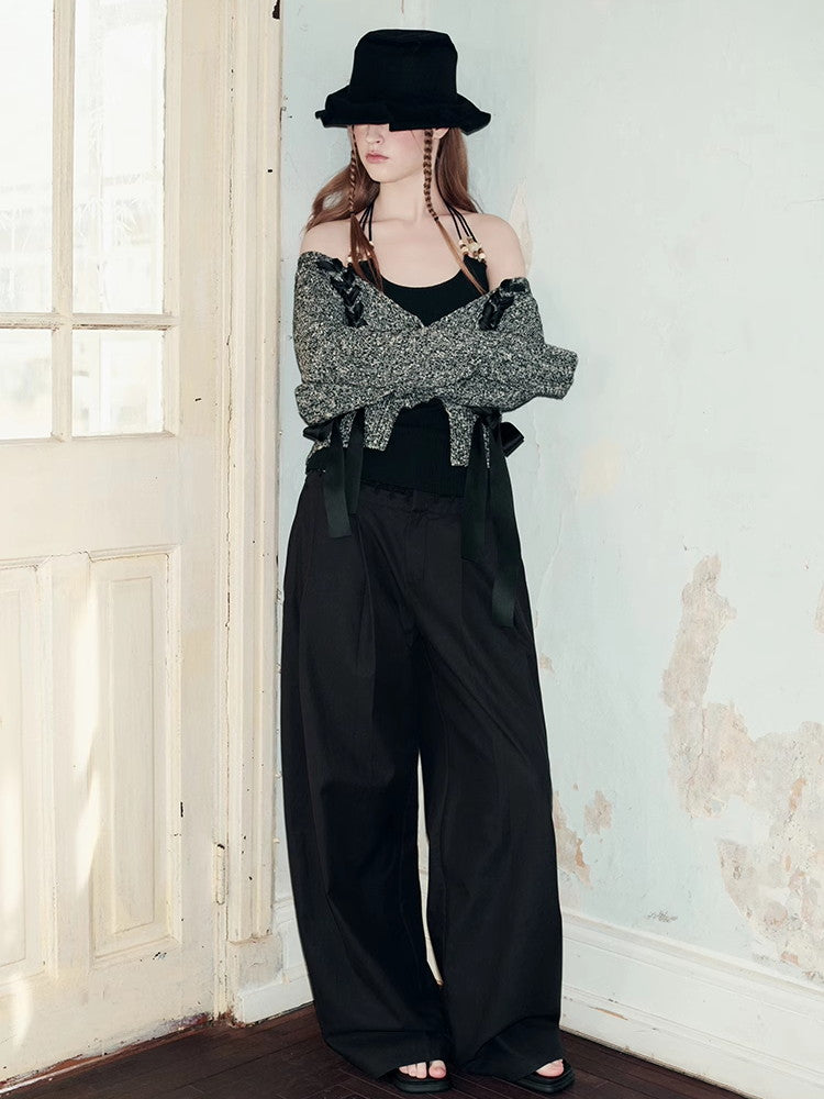 레이스업 니트 시크 브이넥 리본 가디건 