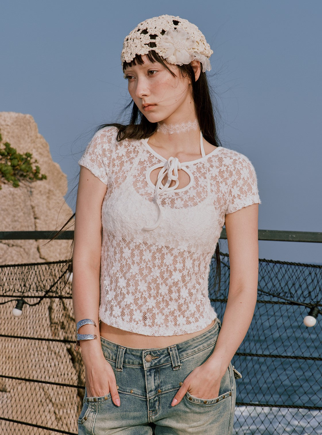 White Lace Short-sleeved T-shirt RUN0052