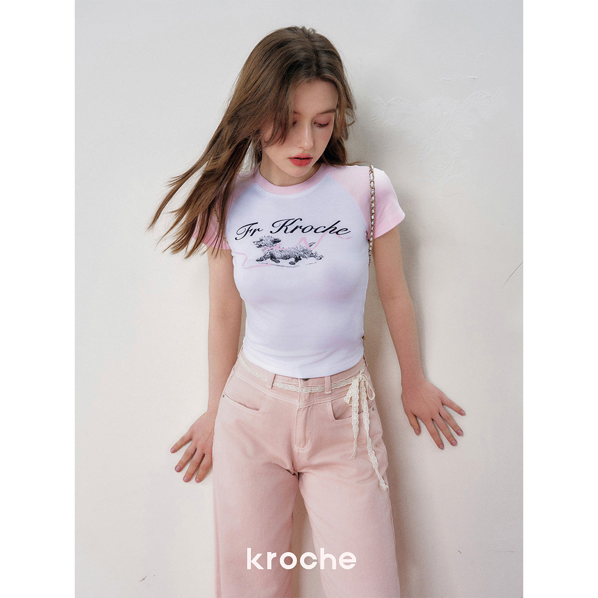 Kroche Hand Painted Puppy Raglan T-Shirt Pink