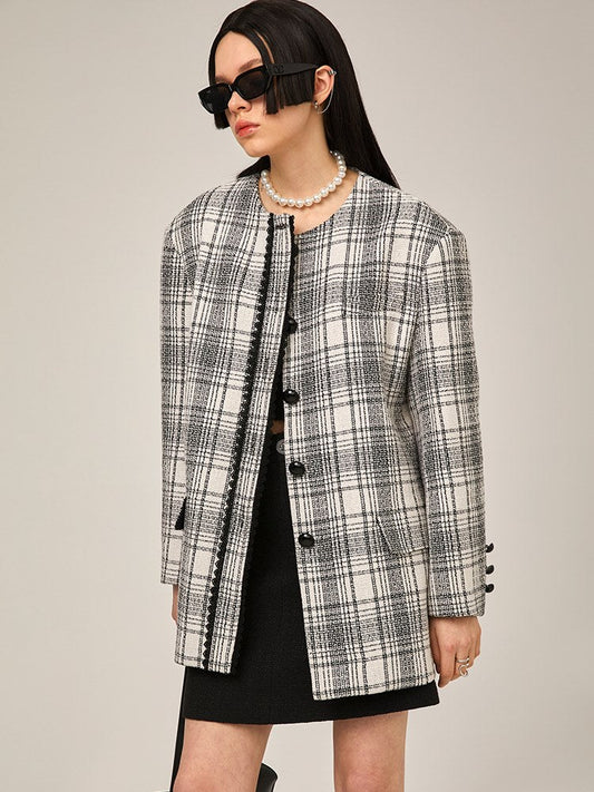 No-collar Embroidered Plaid Jacket