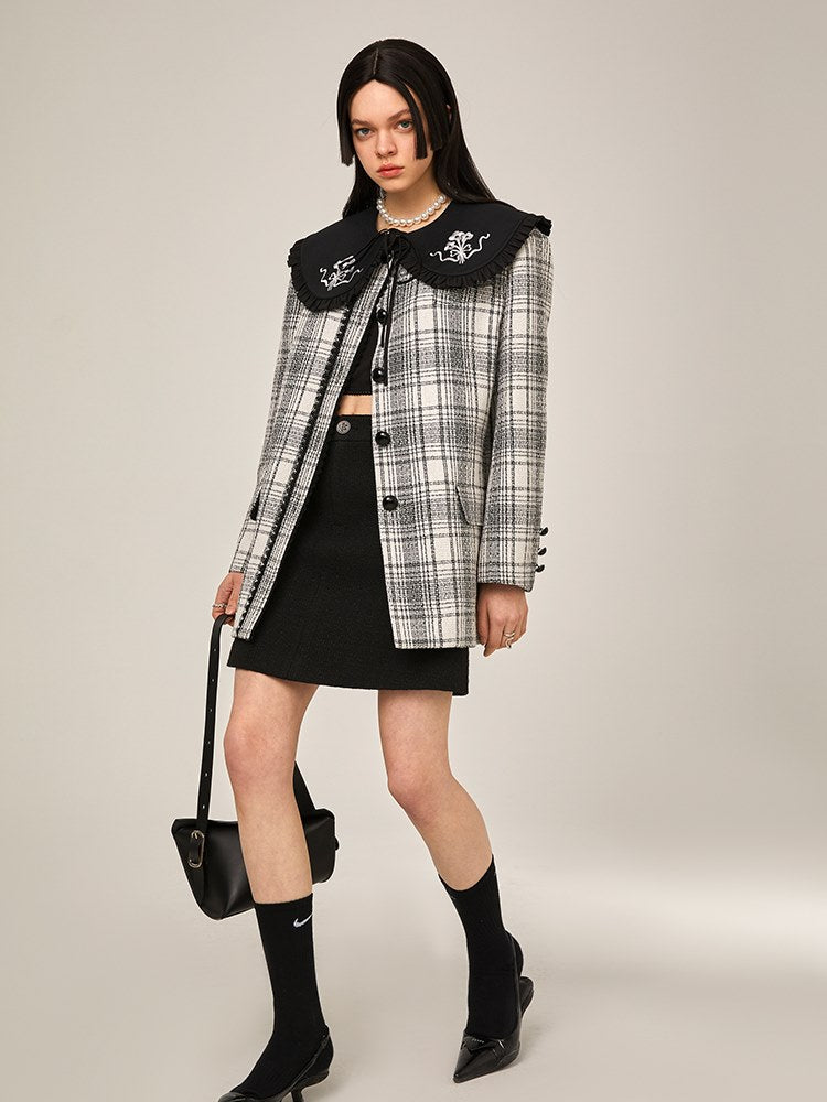 No-collar Embroidered Plaid Jacket