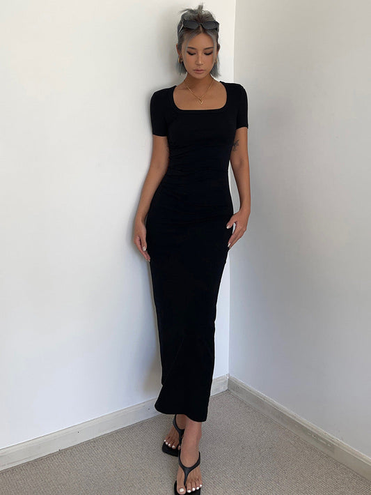 Short Sleeve Fitted Maxi Dress in Black