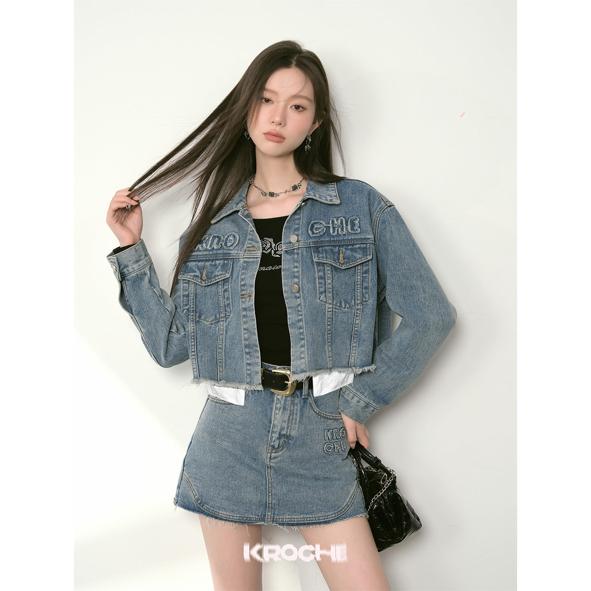 Kroche Destroy Logo Embroidery Short Denim Jacket Blue – FancyAdd