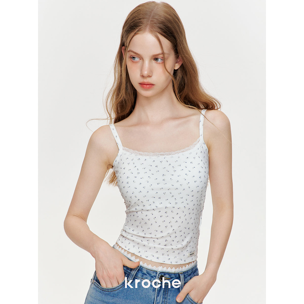 Kroche Lace Edge Floral Chest Pads Vest Blue